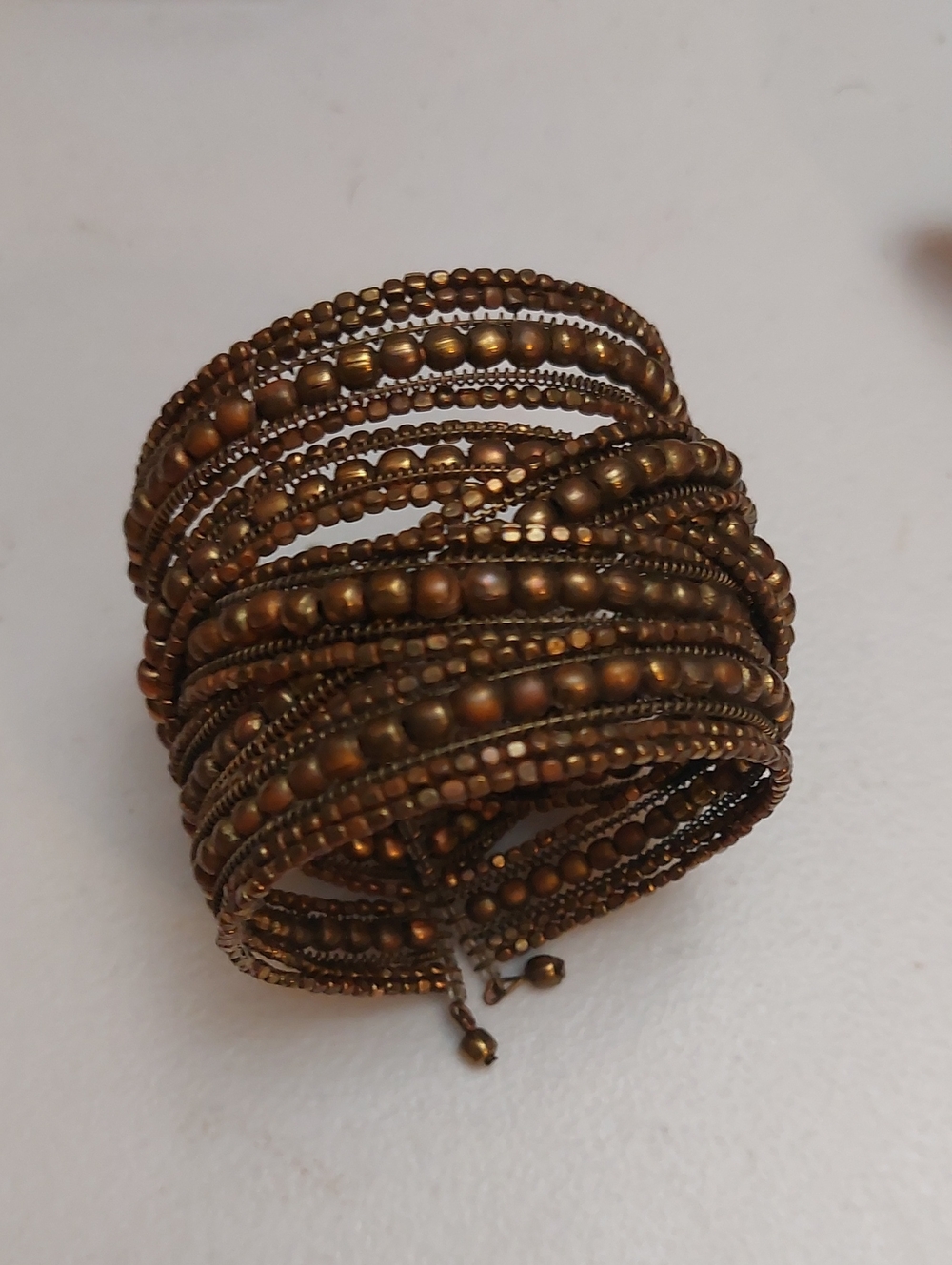CLEOPATRA Bronze Tone Braided Beaded Wire Wide Slip On Cuff Bracelet One Size